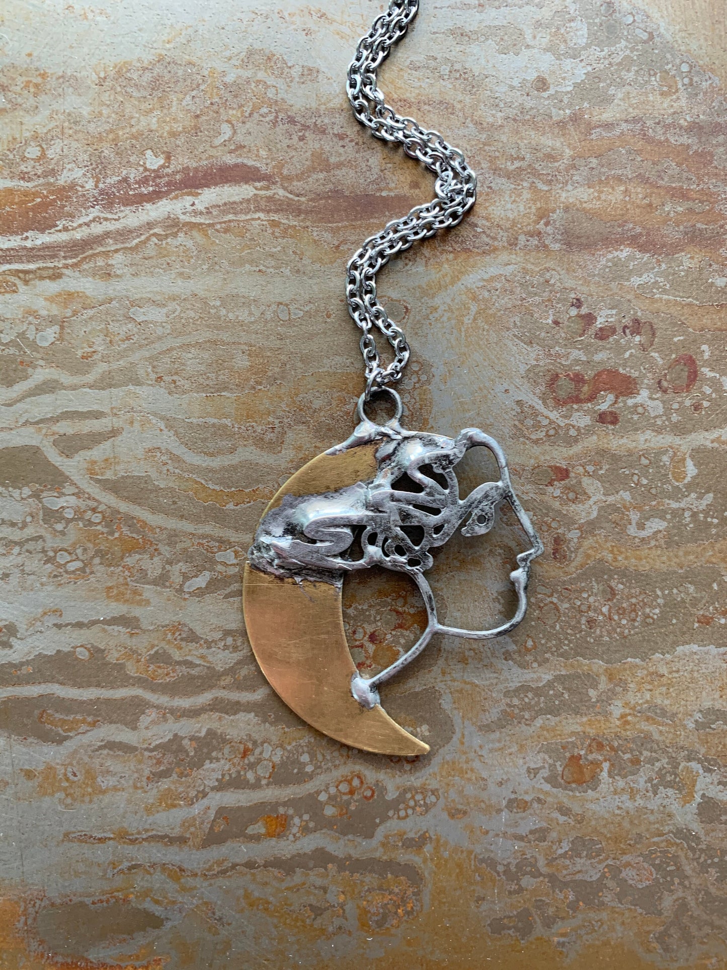 brass and silver goddess necklace