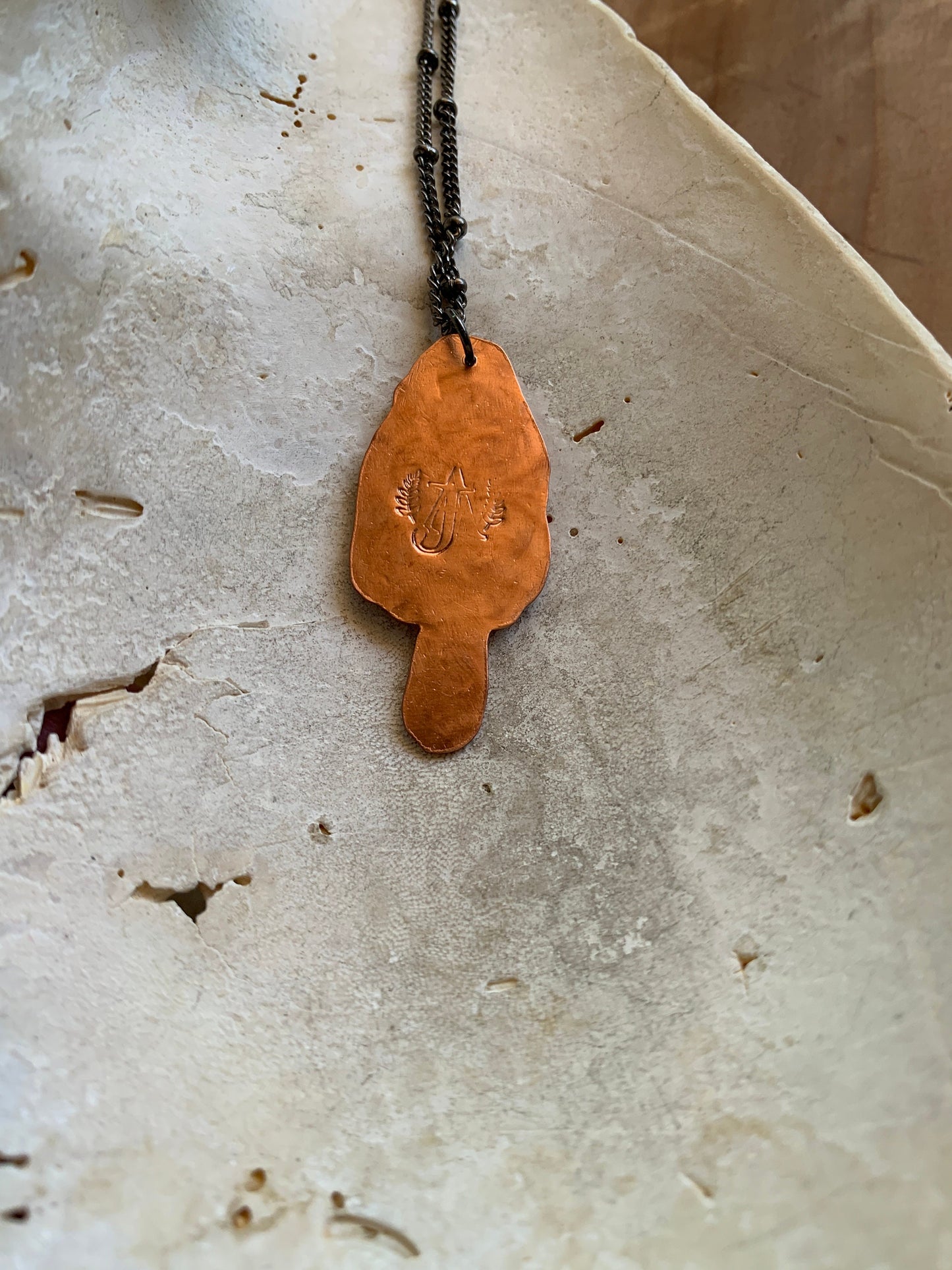 amongst the pine needles - copper morel pendant