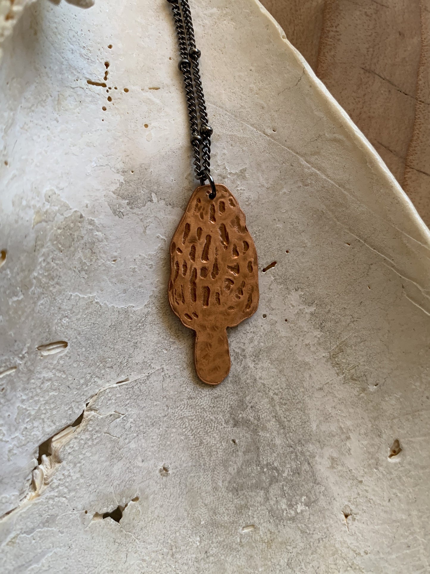 amongst the pine needles - copper morel pendant